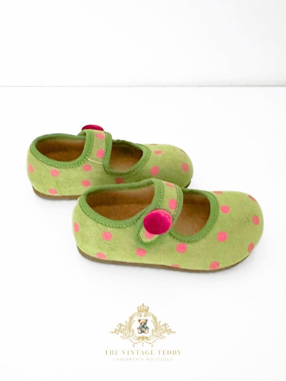 NWT Adorable Girls Flats Children's Shoes Kids Shoes Green & Pink Polkadots 7 - Picture 3 of 4
